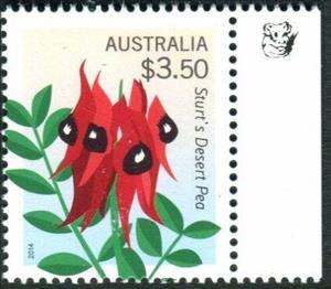 Stamp with Collectible Margin, Sturt's Desert Pea (Swainsona formosa) 1st Reprint, Australia,  , Flowers, Leaves, Plants (Flora), Seals (Emblems)