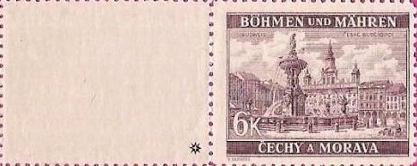 Stamp with Attached Label, Budweis / České Budějovice, Bohemia and Moravia,  , Buildings, Fountains, Sculptures, Townscapes / City Views