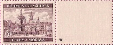 Stamp with Attached Label, Budweis / České Budějovice, Bohemia and Moravia,  , Buildings, Fountains, Sculptures, Townscapes / City Views