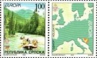 Stamp with Attached Label, Rafting, Bosnia and Herzegovina, Serbian Admin,  , C.E.P.T. / Europe, Landscapes, Maps, Rafting, Rivers