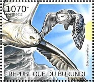 Stamp, Bubo scandiacus, Burundi,  , Animals (Fauna), Birds, Sea Life