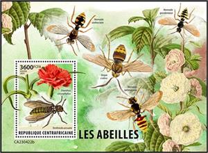 Souvenir Sheet, Dianthus caryophyllus/Tenthredo arcuata, Central African Republic,  , Bees, Insects