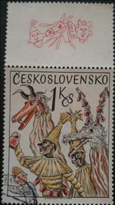 Stamp with Attached Label, Folklore, Czechoslovakia,  , Folklore, Suits and Costumes, Traditions