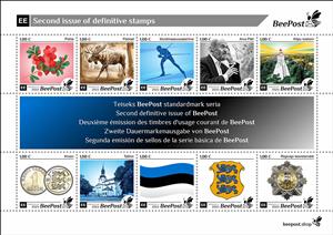 Mini Sheet, Second issue of definitive stamps, Estonia,  , Coats of Arms, Coins, Composers, Elks, Famous People, Flags, Fruits and Berries, Lighthouses