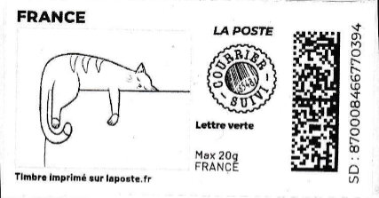 Stamp, Cat 3. Redesign without laposte logo. Courrier suivi, France,  , Animals (Fauna), Cartoons, Cats, Mammals