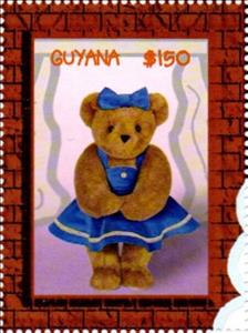 Stamp, Bear dressed in blue dress and ribbon, Guyana,  , Teddy Bears