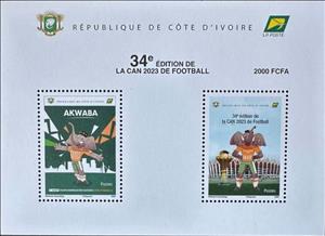 Souvenir Sheet, 2024 African Cup of Nations Football Championships, Ivory Coast,  , Elephants, Football (Soccer), Mascots, Stadiums