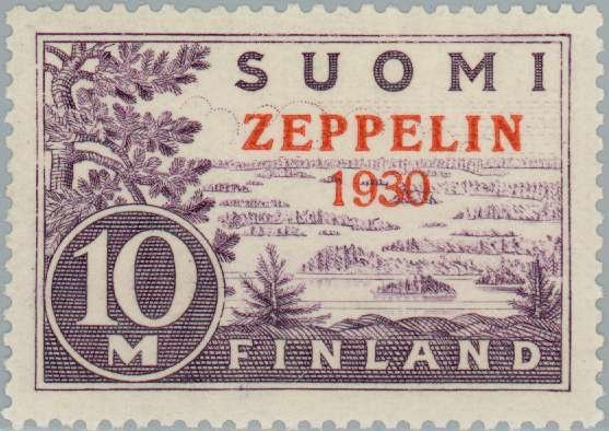 Zeppelin 1930. Red Overprint on 10 mark Saimaa, type I