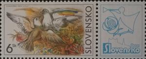 Stamp with Attached Label, Doves, Slovakia,  , Animals (Fauna), Birds, Pigeons