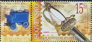 Stamp with Attached Label, Sword, Slovakia,  , Mailcoaches, Philately, Stamp Day, Swords, Weapons