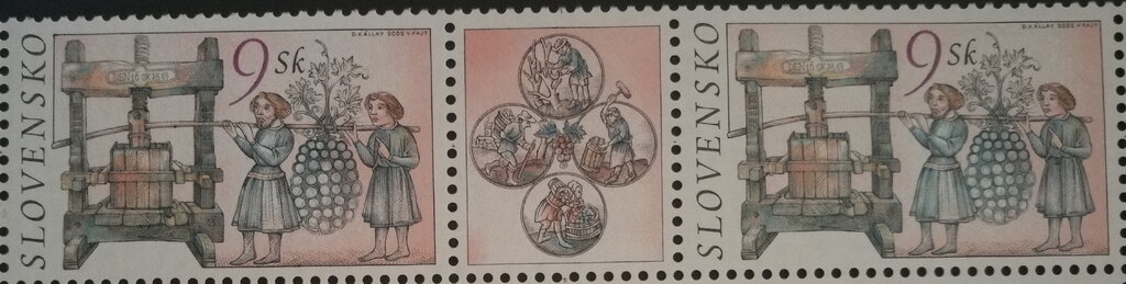 Stamp with Attached Label, Wine Press, Slovakia,  , Wine