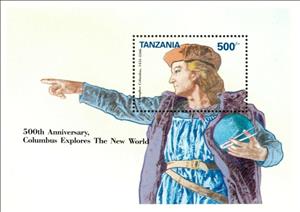 Souvenir Sheet, Christopher Columbus, Tanzania,  , Anniversaries and Jubilees, Discoveries, Famous People, Navigators