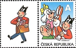 Stamp with Attached Label, Cloverleaf (Čtyřlístek), Czech Republic,  , Cartoons, Comics, Fairy Tales