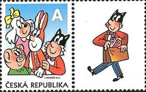 Stamp with Attached Label, Cloverleaf (Čtyřlístek), Czech Republic,  , Cartoons, Comics, Fairy Tales