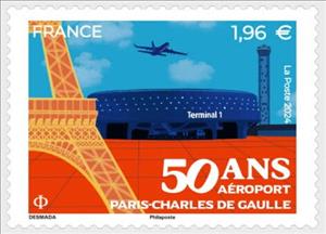 Stamp, Charles de Gaulle Airport, Paris, 50 Years, France,  , Aircraft, Airports, Anniversaries and Jubilees, Aviation, Monuments