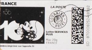 Stamp, Disney 100 years Minnie in black without laposte logo, France,  , Anniversaries and Jubilees, Cartoons, Disney