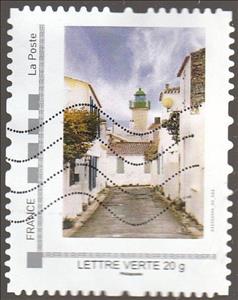 Stamp, Ile d'Yeu Lighthouse and Street View. Water colour by ..., France,  , Art, Islands, Lighthouses, Paintings, Townscapes / City Views