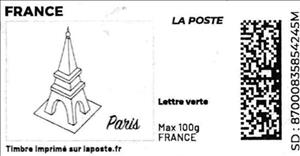 Stamp, Paris Eiffel Tower without laposte logo, France,  , Towers