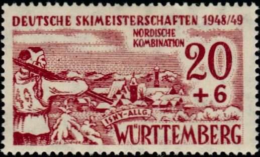 Skiers, city view