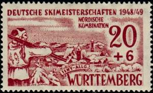 Stamp, Skiers, city view, Germany, French Occupation of Wurttemberg,  , Skiing, Sports, Townscapes / City Views, Winter Sports