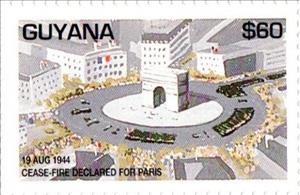 Stamp, Allies Entering Paris (19 August 1944), Guyana,  , Anniversaries and Jubilees, Maps, Second World War