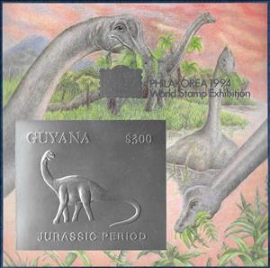 Souvenir Sheet, Apatosaurus, Guyana,  , Animals (Fauna), Dinosaurs, Philatelic Exhibitions, Prehistoric Animals, Prehistory, Reptiles