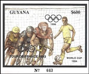 Souvenir Sheet, Cycling and Football, Guyana,  , Cycling, Football (Soccer), Sports