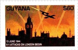 Stamp, Fiesler Fi 103 V1 Lying Bomb over London (13 June 1944), Guyana,  , Anniversaries and Jubilees, Maps, Second World War