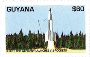 Stamp, German "V-2" Rocket Ready for Launch (8 September 1944), Guyana,  , Anniversaries and Jubilees, Maps, Second World War
