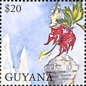 Stamp, Hibiscus, Sails of Ship and Top of Pillar, Guyana,  , Biblical Accounts, Religion