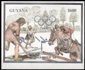 Souvenir Sheet, Hockey and Show Jumping, Guyana,  , Equestrianism and horse riding, Hockey, Horses, Olympic Games, Sports