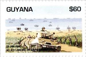 Stamp, Landings at Anzio (22 January 1944), Guyana,  , Anniversaries and Jubilees, Maps, Second World War