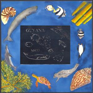 Souvenir Sheet, Marine Animals: Dolphin, Fish, Coral, Sea Turtle, Mussel, W…, Guyana,  , Animals (Fauna), Dolphins, Environment Protection, Fishes, Sea Life, Seals (Animals), Turtles, Whales