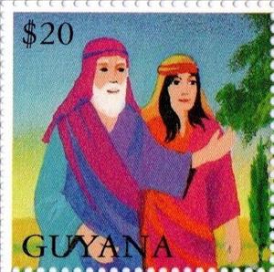 Stamp, Naomi with Ruth, Boaz and Obed, Guyana,  , Biblical Accounts, Religion