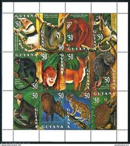 Mini Sheet, Native Mammals, Guyana,  , Animals (Fauna), Deer, Mammals, Monkeys, Wild Cats