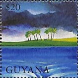 Stamp, Palm Trees on Shore and Black Cloud, Guyana,  , Biblical Accounts, Religion