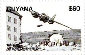 Stamp, R.A.F. Attacking Amiens Prison (18 February 1944), Guyana,  , Anniversaries and Jubilees, Maps, Second World War