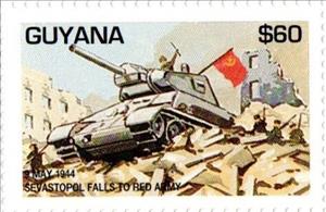 Stamp, Soviet Army Tank in Sevastopol (9 May 1944), Guyana,  , Anniversaries and Jubilees, Maps, Second World War