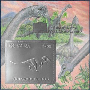 Souvenir Sheet, Tyrannosaurus to the Right, Guyana,  , Animals (Fauna), Dinosaurs, Philatelic Exhibitions, Prehistoric Animals, Prehistory, Reptiles