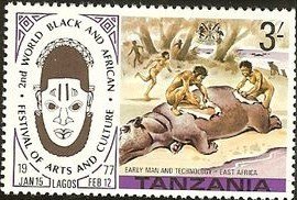 Stamp, Prehistorical tribe skinning a hippopotamus, Tanzania,  , Prehistory, Feasts, Hunting