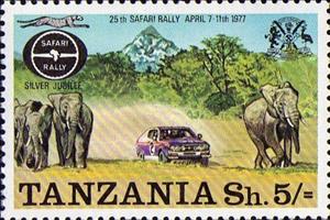 Stamp, Car, Elephants and Mt. Kenya, Tanzania,  , Mammals, Cars, Elephants, Carsports, Mountains, Animals (Fauna)