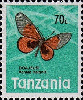 Stamp, Black-blotched Acraea (Acraea insignis), Tanzania,  , Butterflies
