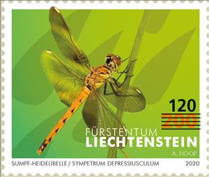 Stamp, Spotted Darter (Sympetrum depressiusculum) Surcharged, Liechtenstein,  , Animals (Fauna), Dragonflies, Insects
