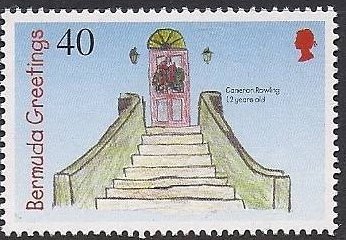 Stairway, wreath on door