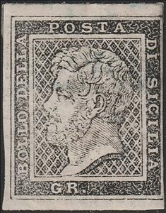 Stamp, Ferdinando II - Diamond background - Lesaché essay, Sicily,  , Famous People, Heads of State, Kings, Men