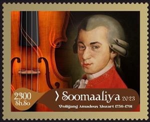 Stamp, Wolfgang Amadeus Mozart, Somalia,  , Composers, Famous People, Musical Instruments, Musicians