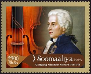 Stamp, Wolfgang Amadeus Mozart, Somalia,  , Composers, Famous People, Musical Instruments, Musicians