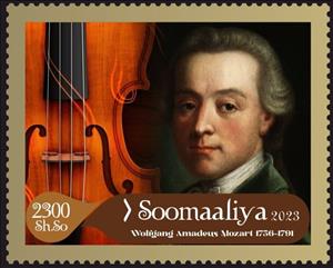 Stamp, Wolfgang Amadeus Mozart, Somalia,  , Composers, Famous People, Musical Instruments, Musicians