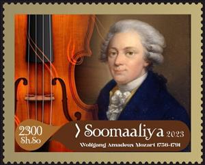 Stamp, Wolfgang Amadeus Mozart, Somalia,  , Composers, Famous People, Musical Instruments, Musicians