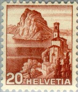 Stamp, Castagnola Church & San Salvatore Massive, Switzerland,  , Churches - Cathedrals - Basilicas - Chapels, Lakes, Landscapes, Mountains